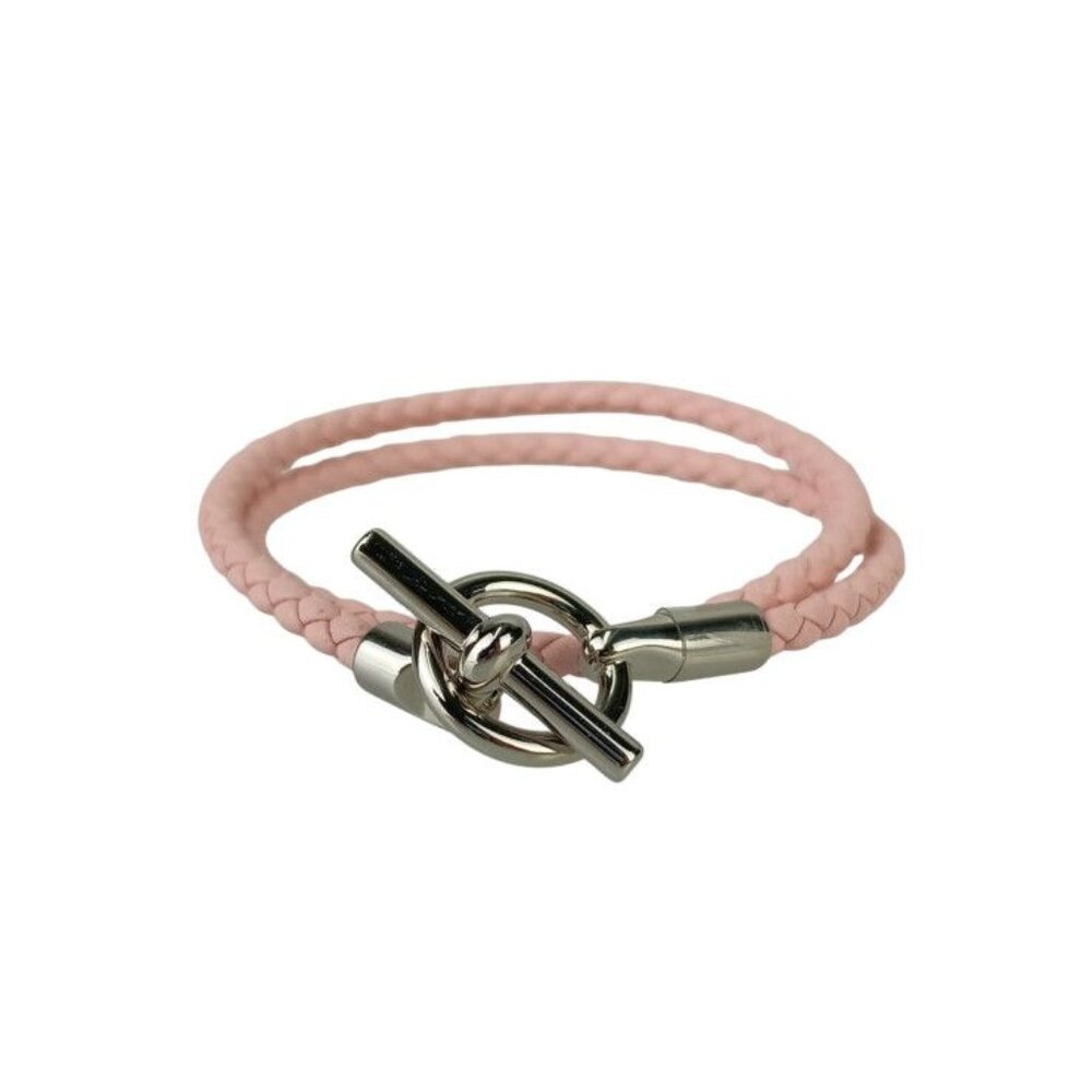 Hermes Bracelet Glenan Pink Leather Doubl Tour Braided Silver Hardware